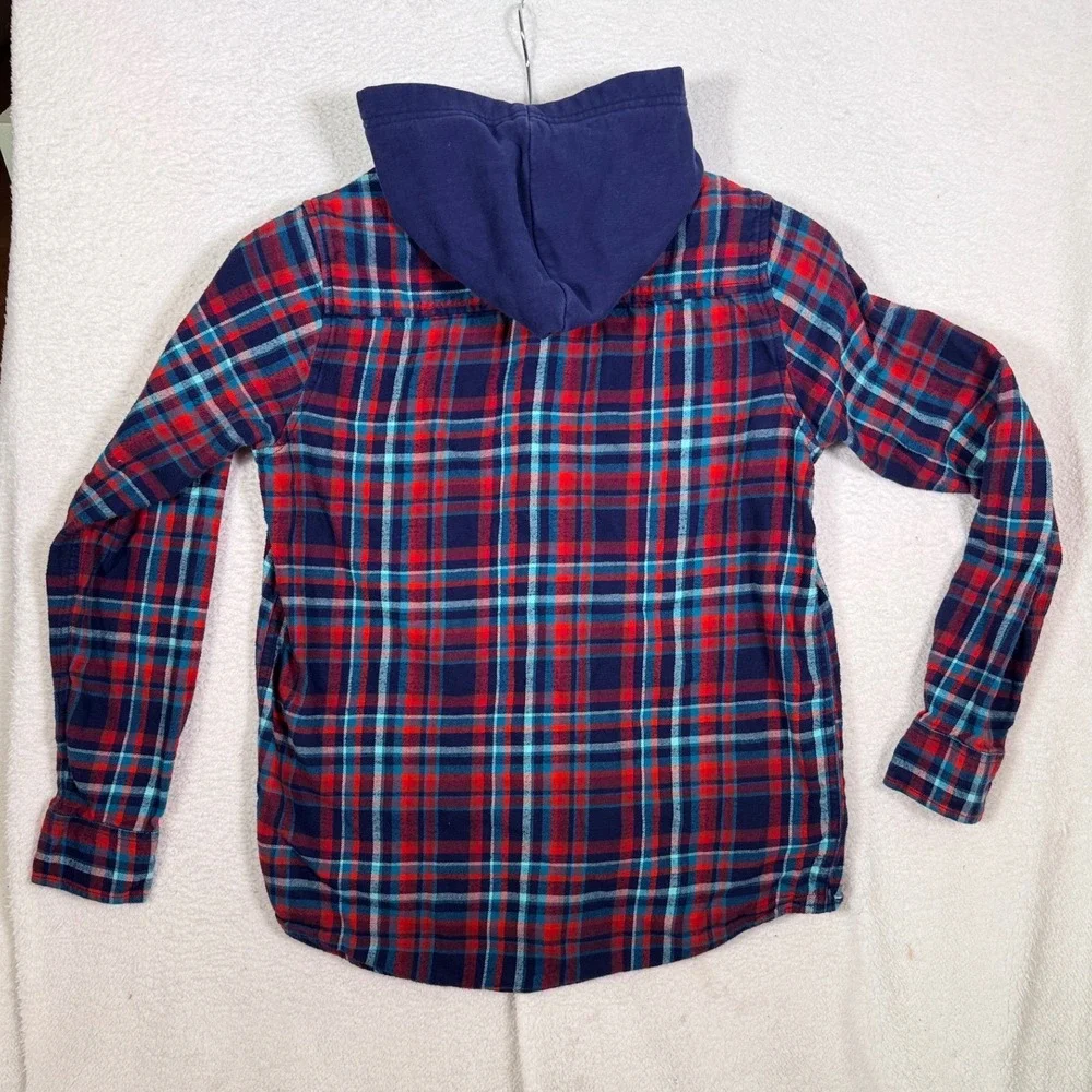 Lands End Boys XXL 18-20 Hooded Flannel Shirt Red Blue Plaid Button Up 525170